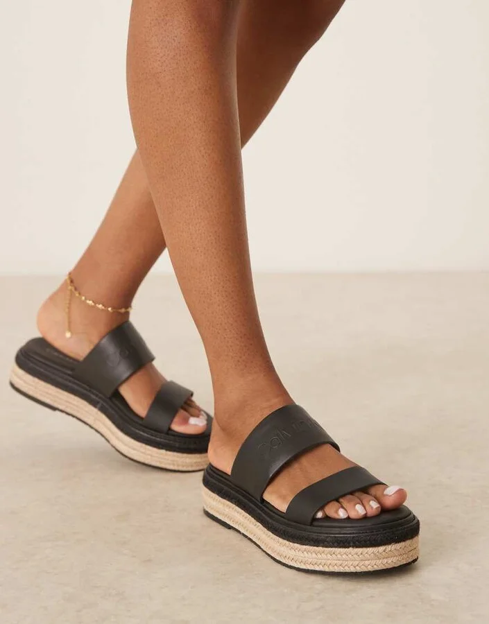 Calvin Klein double strap espadrille slides in black