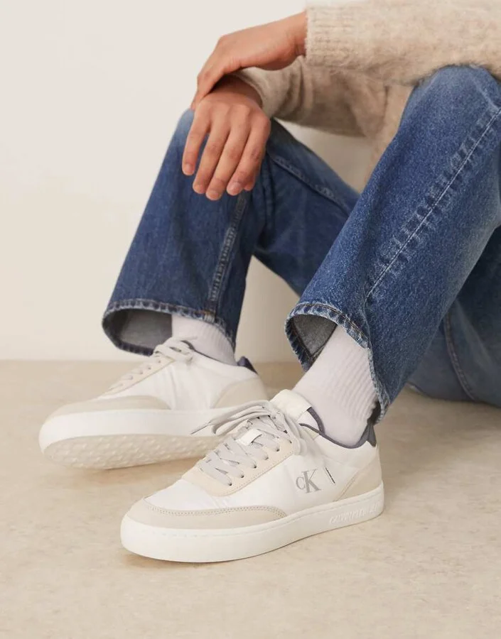 Calvin Klein Jeans classic cupsole sneakers in beige and white