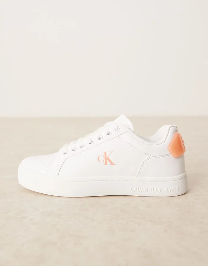 Calvin Klein Jeans classic cupsole sneakers in white and orange - Image 2