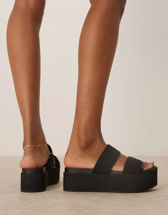 Calvin Klein Jeans double strap flatform sandals in black - Image 2