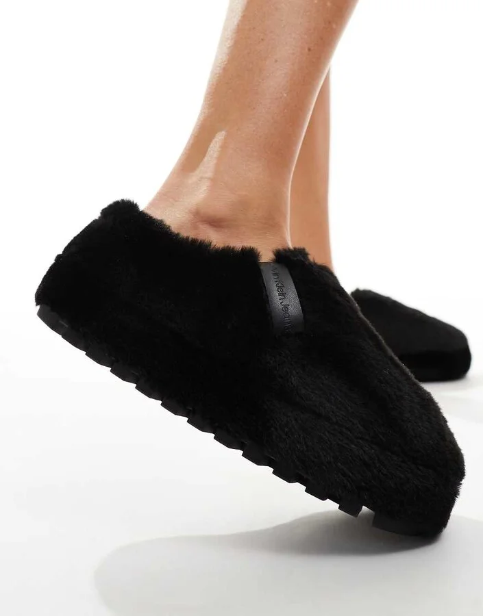 Calvin Klein Jeans fur mule slippers in black