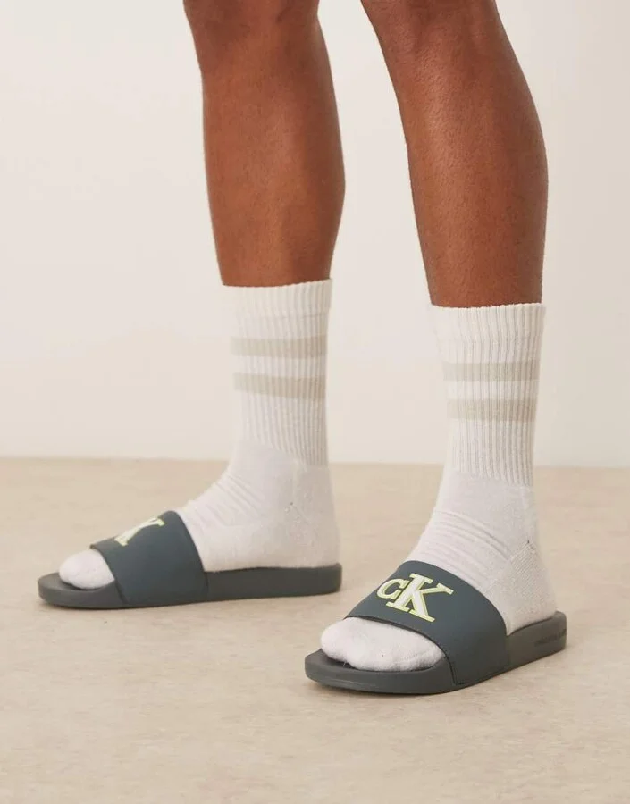Calvin Klein Jeans large logo slides in teal, lime, and white