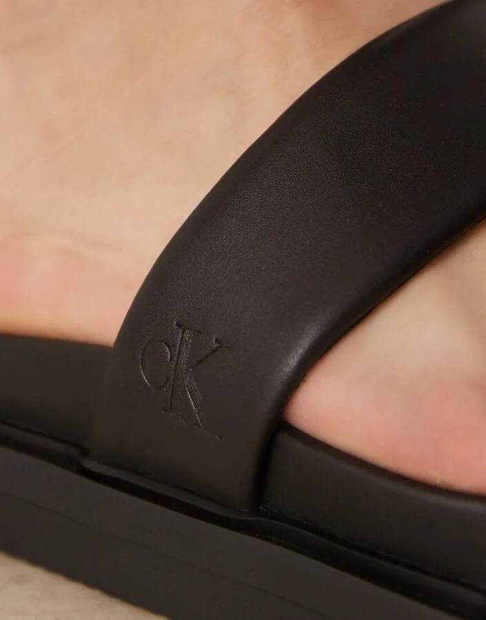Calvin Klein Jeans leather double strap slide sandals in black - Image 2
