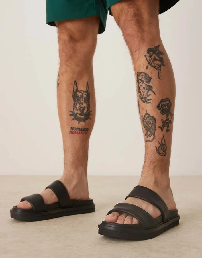 Calvin Klein Jeans leather double strap slide sandals in black