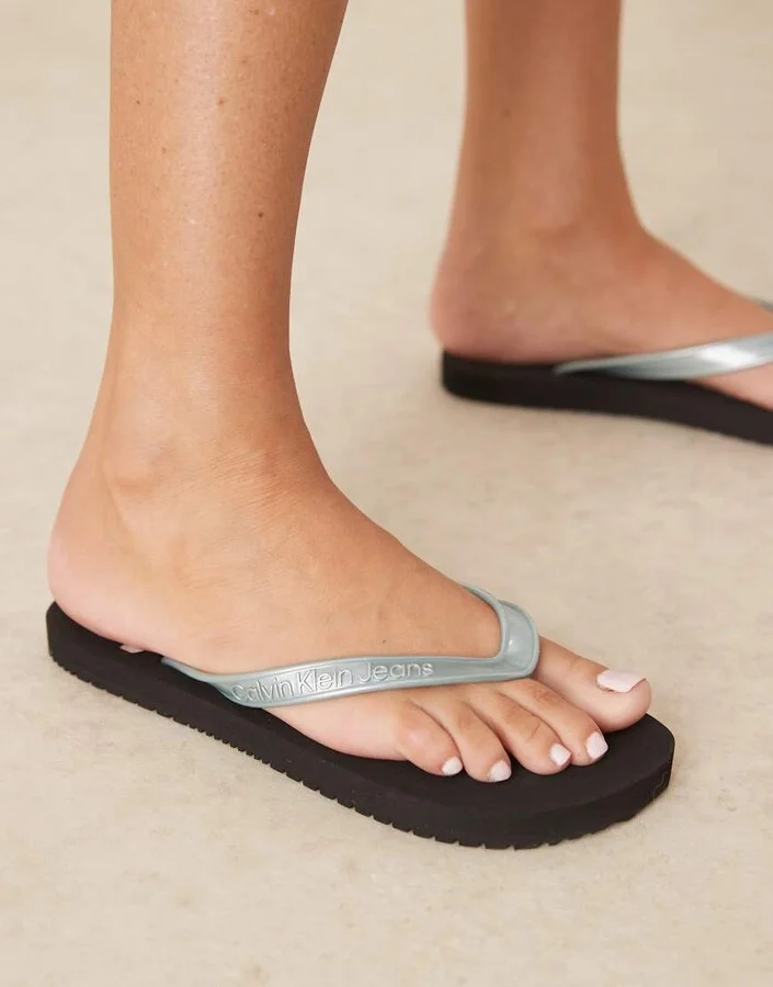Calvin Klein Jeans logo flip flops in black and light blue