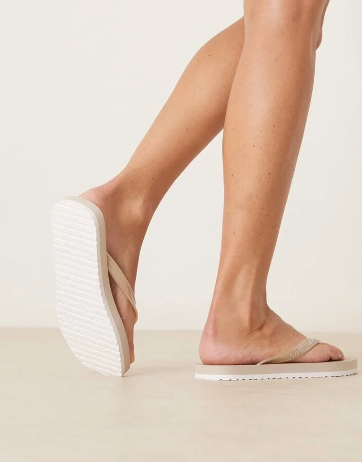 Calvin Klein Jeans logo flip flops in champagne - Image 4