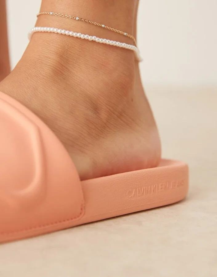 Calvin Klein Jeans logo puff slides in pastel orange - Image 2
