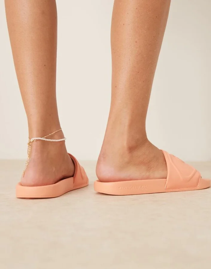 Calvin Klein Jeans logo puff slides in pastel orange - Image 4