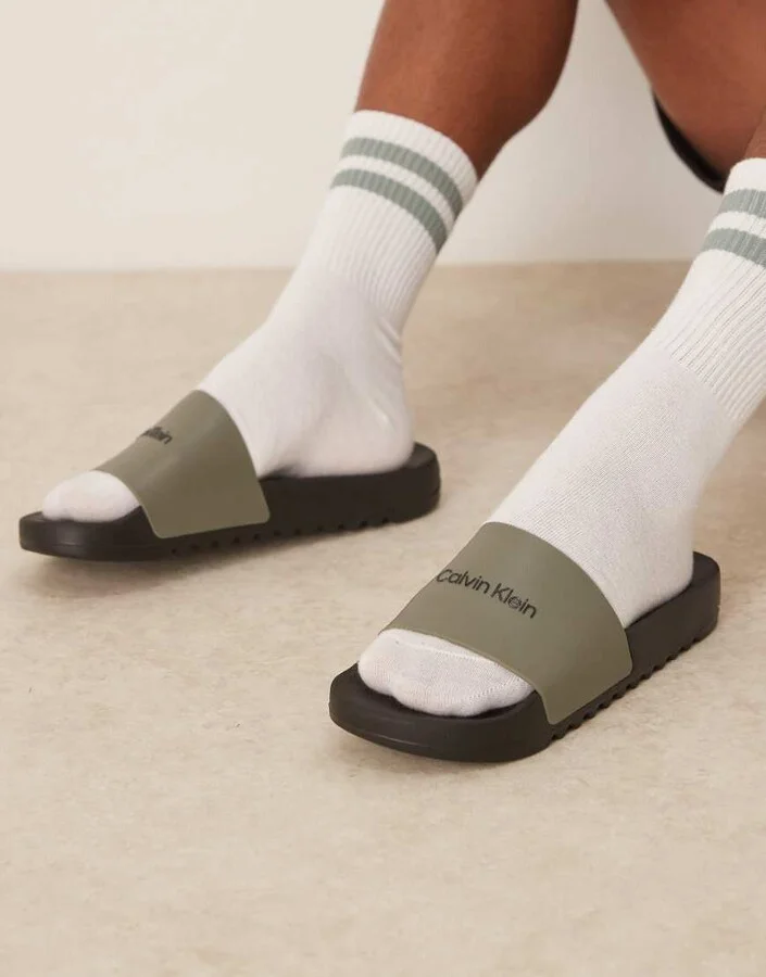 Calvin Klein Jeans logo slides in olive and black - Image 2