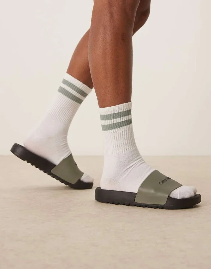 Calvin Klein Jeans logo slides in olive and black