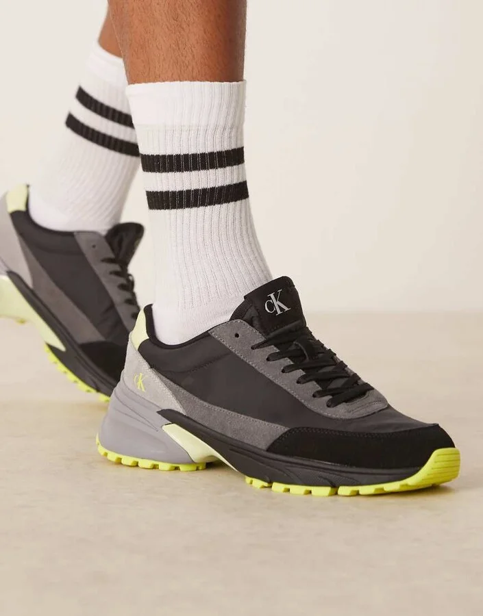 Calvin Klein Jeans nylon hike runner sneakers in black and lime