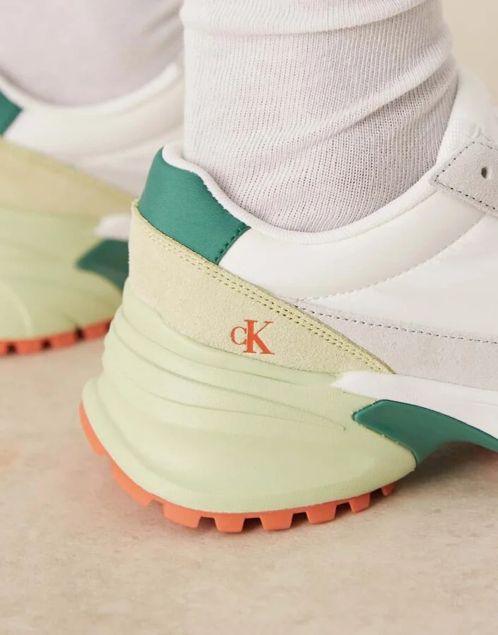 Calvin Klein Jeans nylon hike runner sneakers in white and green - Image 3