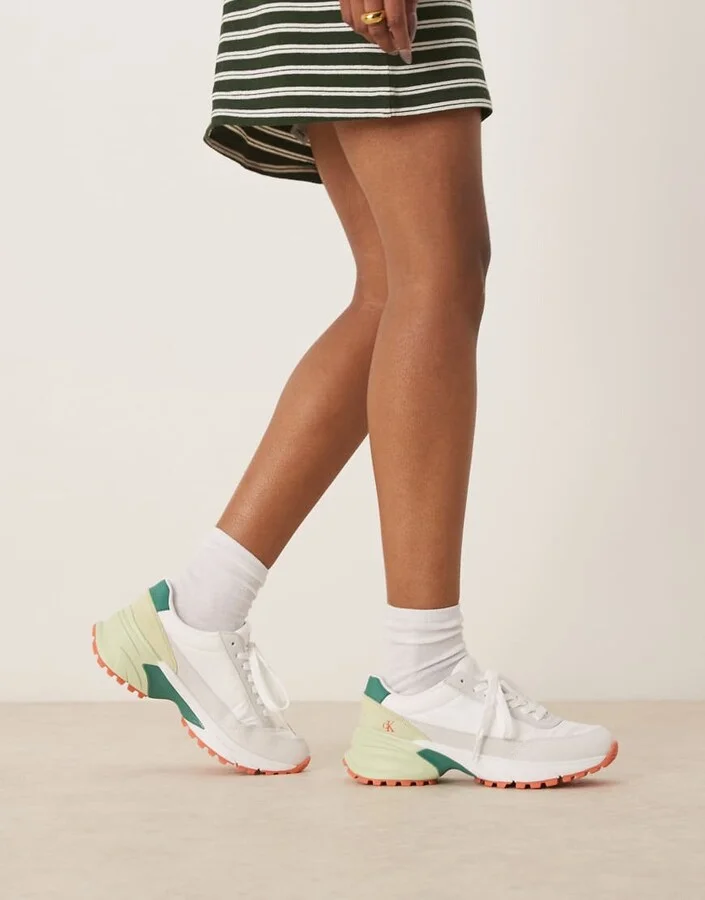 Calvin Klein Jeans nylon hike runner sneakers in white and green - Image 4