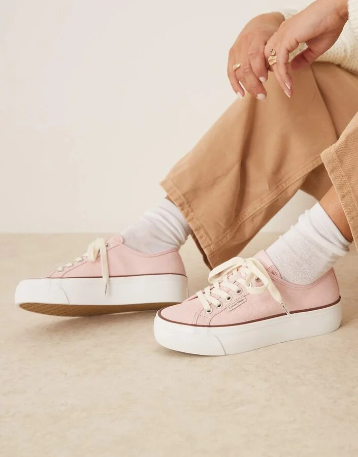 Calvin Klein Jeans vulc flatform canvas sneakers in pink - Image 4