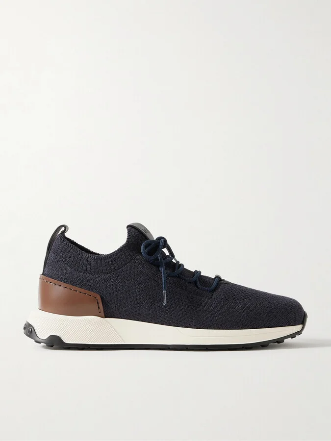 Calzino Leather-Trimmed Stretch-Knit Sneakers