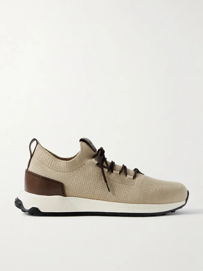 Calzino Leather-Trimmed Stretch-Knit Sneakers