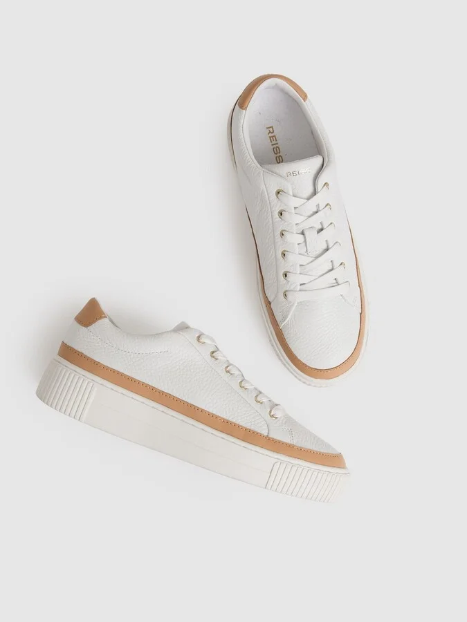 Camel/white Leanne Grained Leather Platform Trainers - Image 3