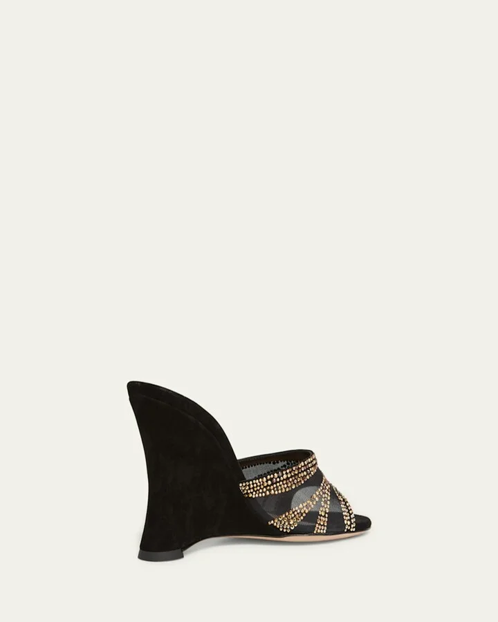 Camoscio Mesh Crystal and Suede Wedge Sandals - Image 2