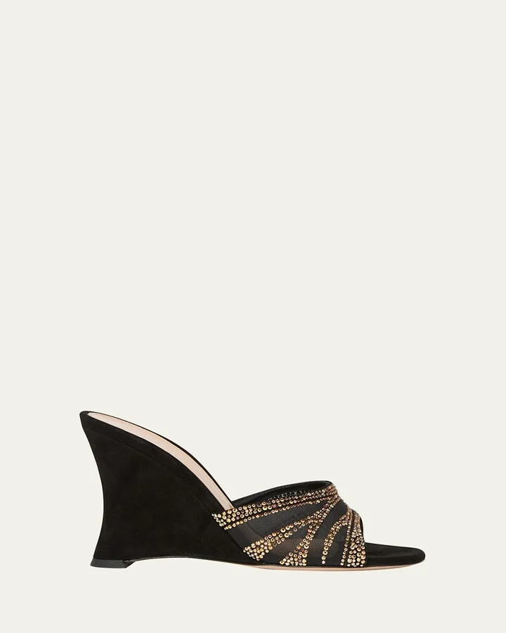 Camoscio Mesh Crystal and Suede Wedge Sandals