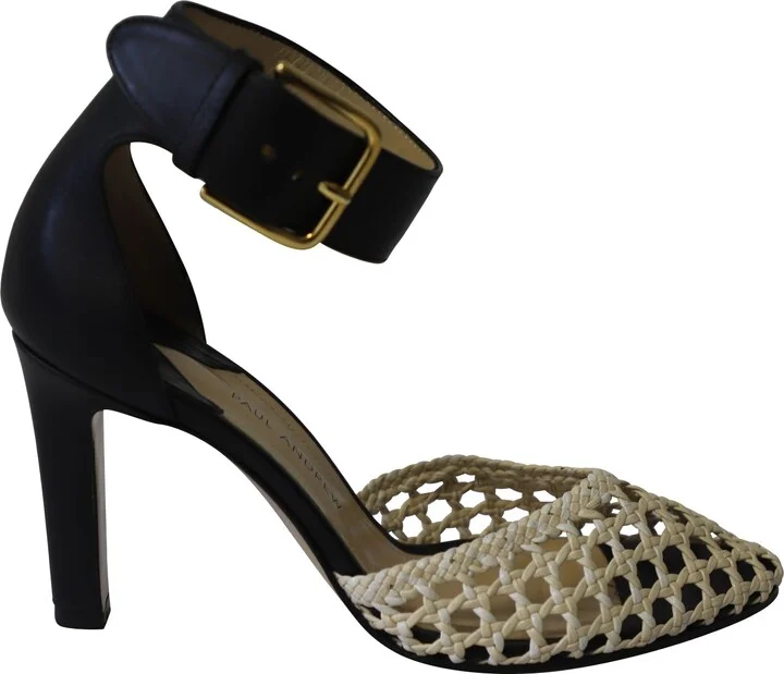 Cane Weave Heeled Sandals in Dark Chocolate Brown and Cream Leather