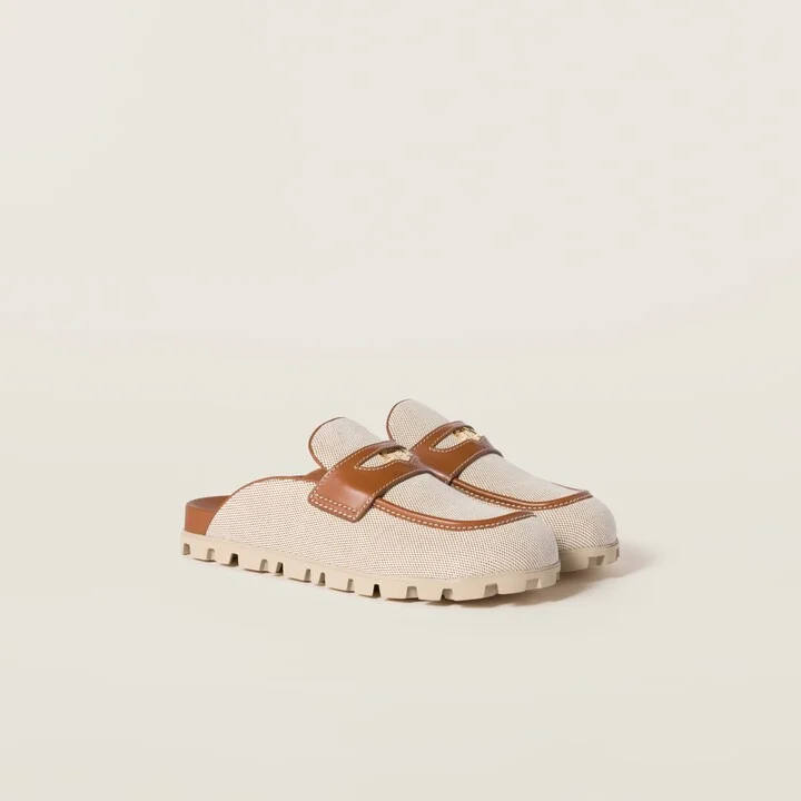 Canvas and leather mules