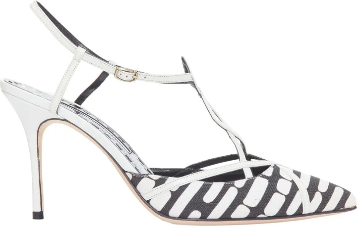 Canvas Leather Trim Strappy Heels