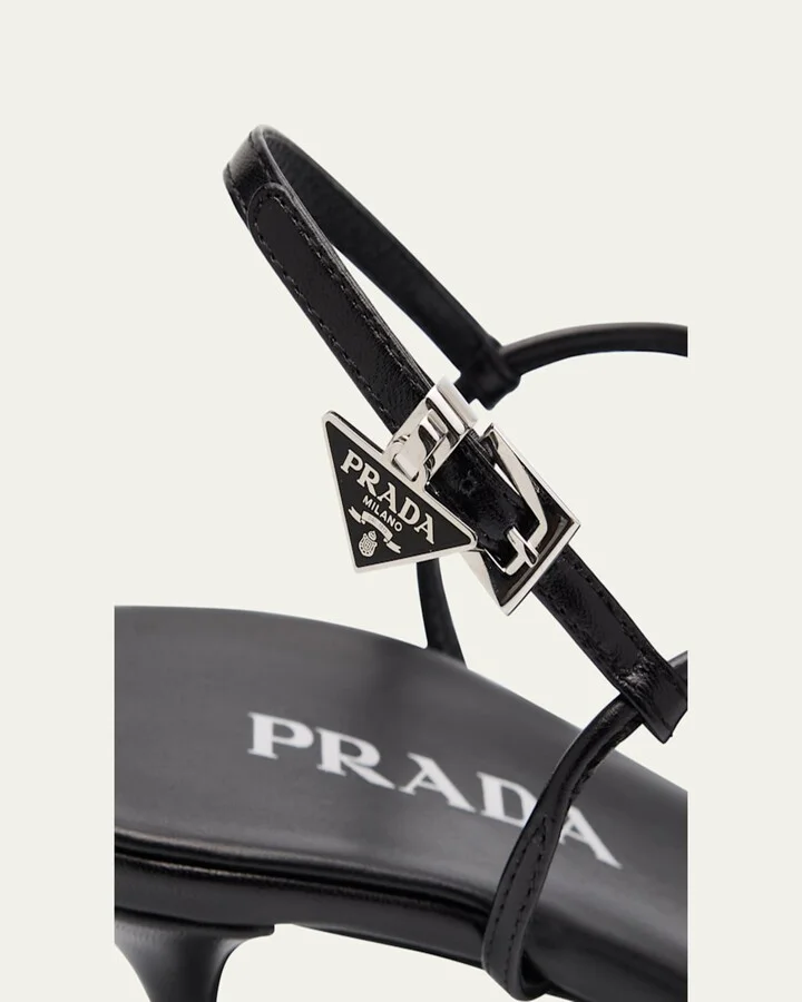 Capretto Strappy Leather Sandals with Triangle Logo Charm - Image 3
