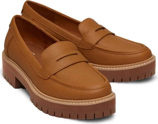 Cara 10020214 Loafer Women's 7.5 Tan Leather Slip-On Platform Shoes KHD2014