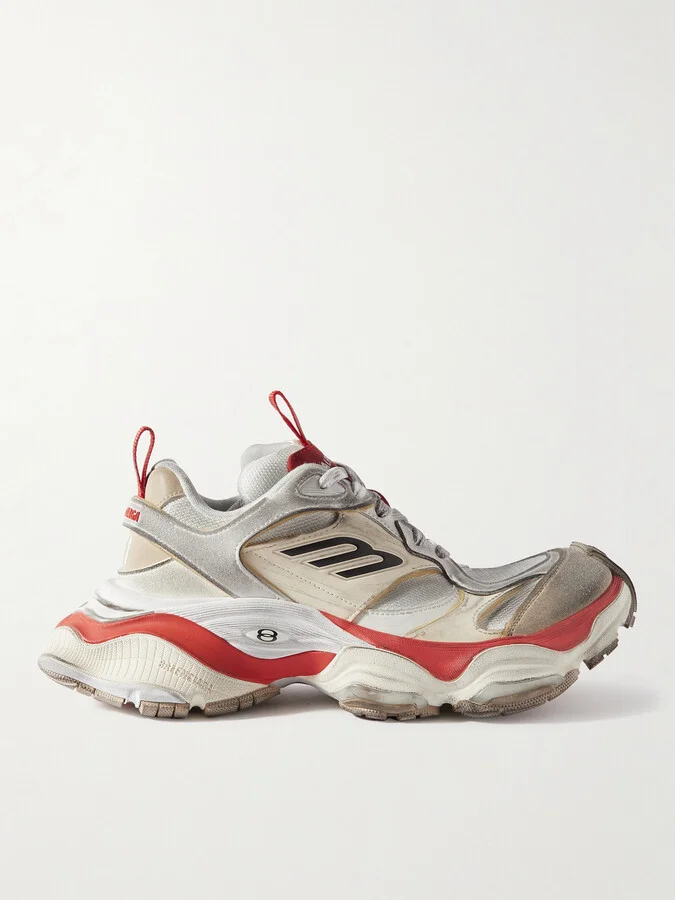 Cargo Distressed Mesh-Trimmed Suede and Leather Sneakers