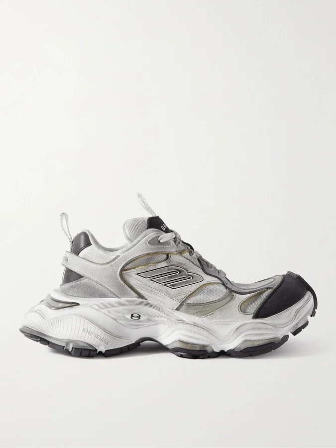 Cargo Distressed Mesh-Trimmed Suede and Leather Sneakers