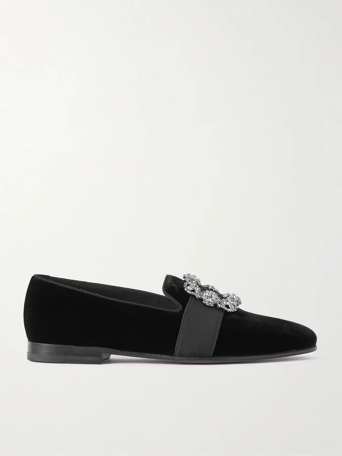 Carlton Crystal-Embellished Grosgrain-Trimmed Velvet Loafers