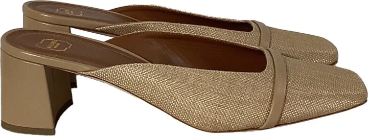 Carmen 45mm Square-Toe Mules in Beige Raffia