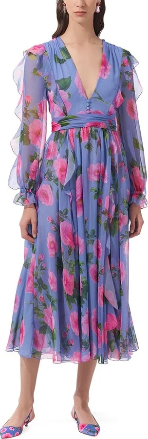 Carolina Herrera Deep V Ruffled Silk Midi Dress