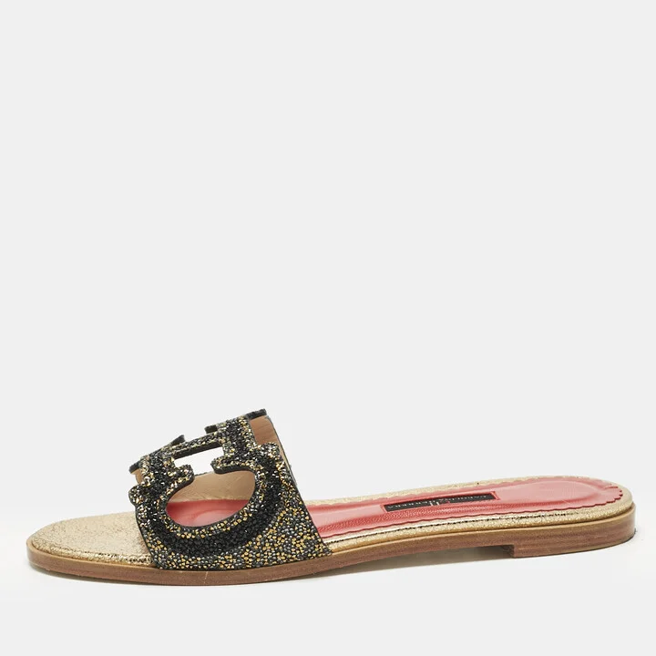 Carolina Herrera Gold/Black Leather Initials Insignia Crystals Flat Slides Size 39