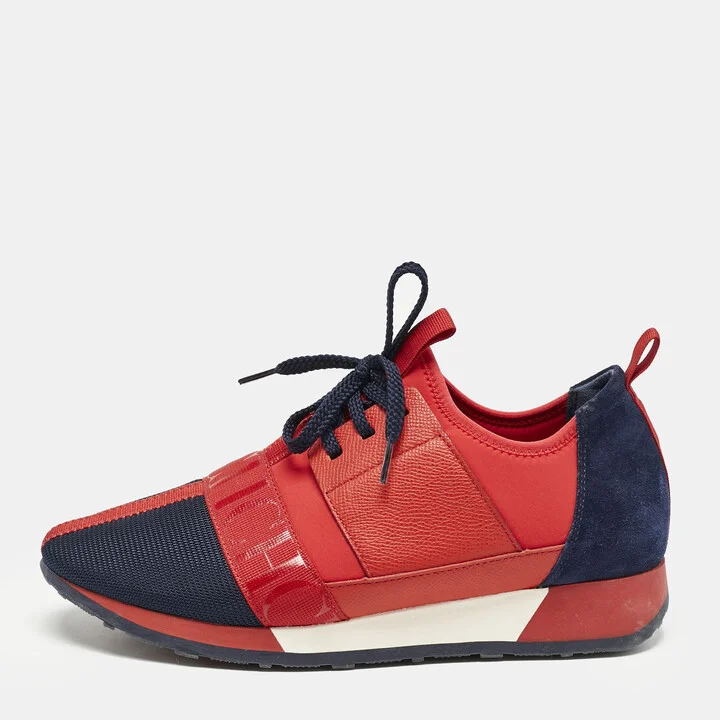 Carolina Herrera Red/Blue Leather and Suede Low Top Sneakers Size 38