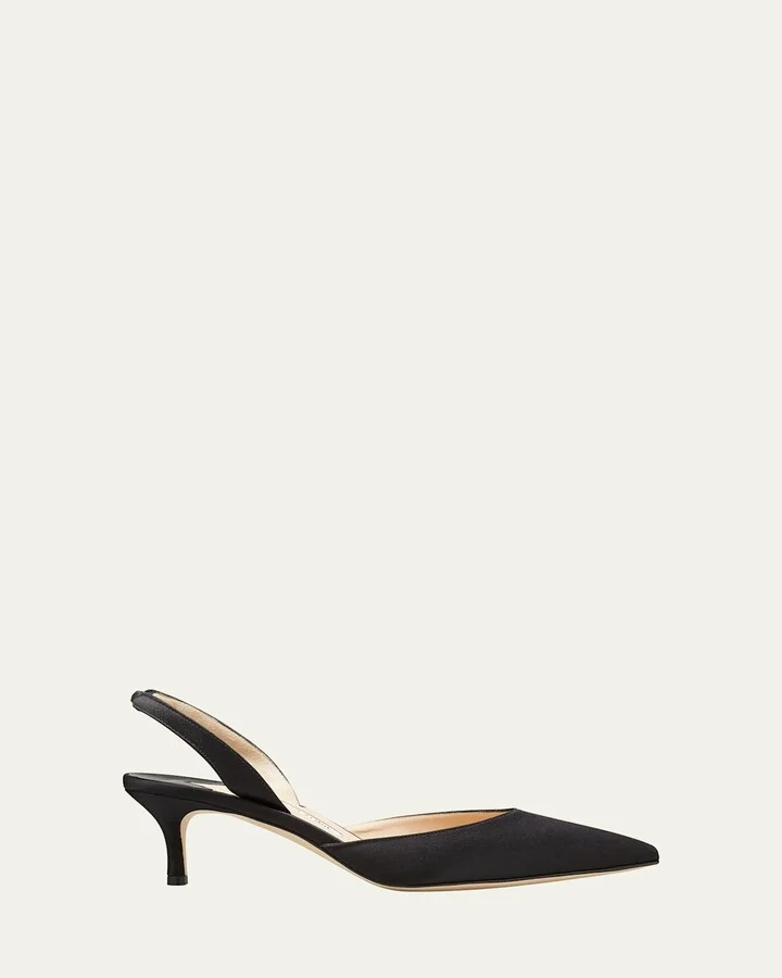 Carolyne Satin Low-Heel Slingback Pumps, Black