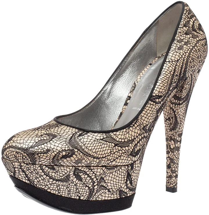 Casadei Beige/Black Lace And Satin Round Toe Platform Pumps Size 38