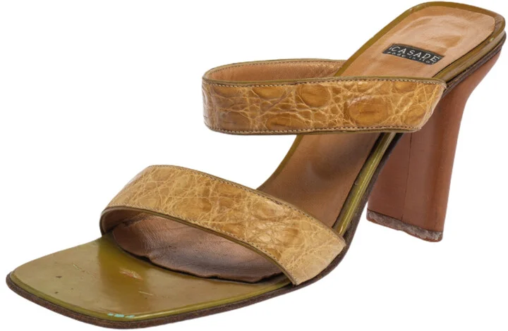 Casadei Beige Croc Embossed Leather Square Toe Slide Sandals Size 37