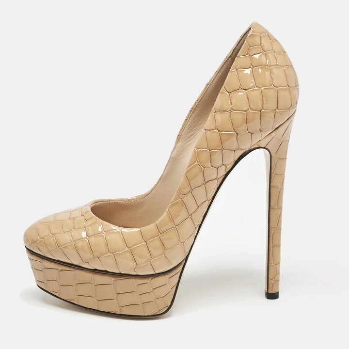 Casadei Beige Croc Embossed Patent Leather Platform Pumps Size 36
