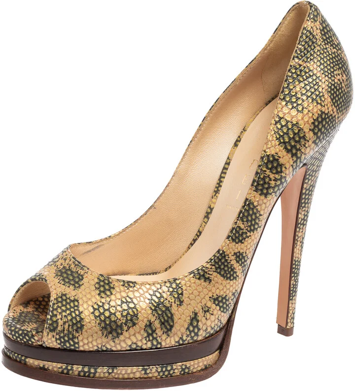 Casadei Beige/Green Lizard Embossed Leather Peep Toe Platform Pumps Size 38
