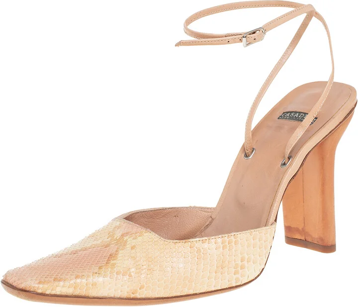 Casadei Beige Snakeskin Square Toe Ankle Wrap Sandals Size 38.5