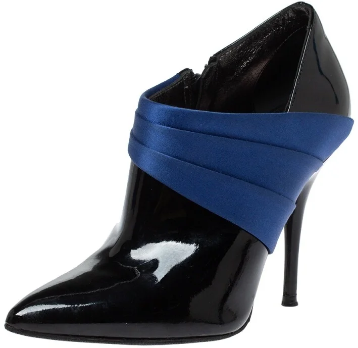 Casadei Black/Blue Pleated Satin and Patent Leather Ankle Booties Size 35