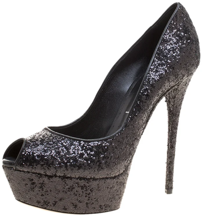 Casadei Black Glitter Peep Toe Platform Pumps Size 38.5