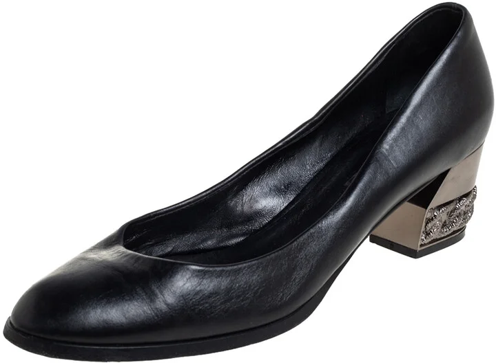 Casadei Black Leather Chain Embellished Block Heel Pumps Size 40