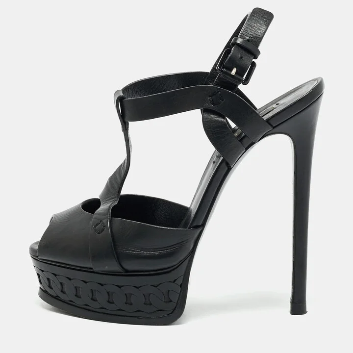 Casadei Black Leather Peep Toe Platform Ankle Strap Sandals Size 37.5
