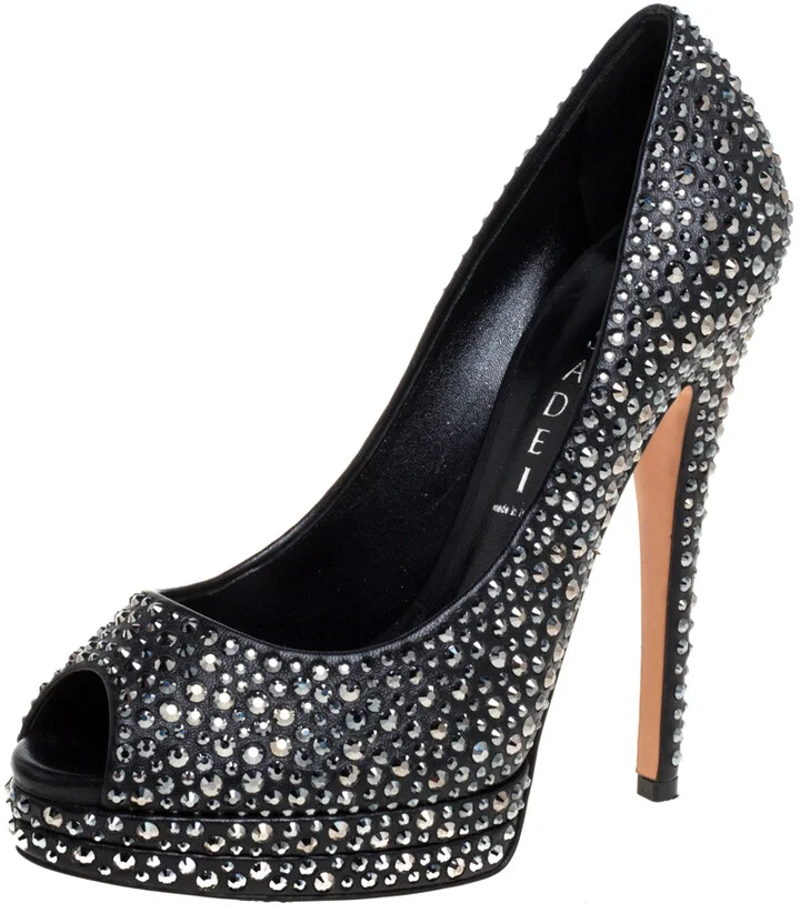 Casadei Black Leather Swarovski Crystal Embellished Peep Toe Pumps Size 37