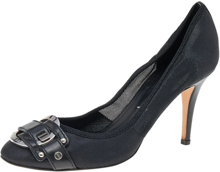 Casadei Black Mesh And Leather Buckle Detail Pumps Size 37