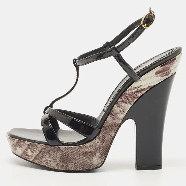 Casadei Black Patent Leather and Lizard Embossed Cross Strap Platform Sandals Size 37