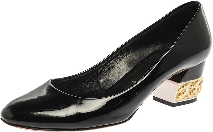 Casadei Black Patent Leather Chain Embellished Block Heel Pumps Size 37