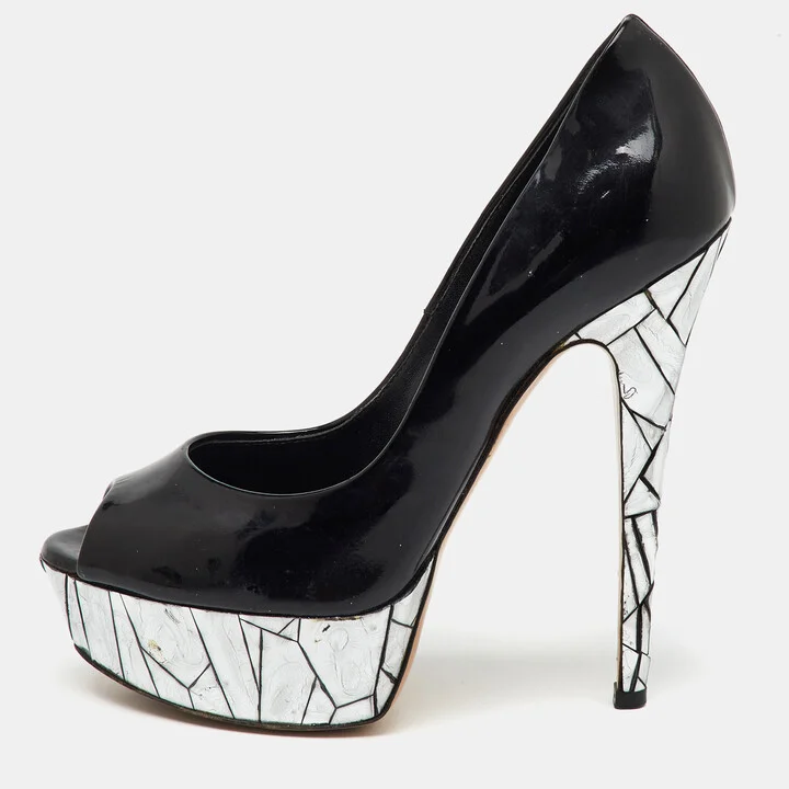Casadei Black Patent Leather Mosaic Mirror Heel Peep Toe Platform Pumps Size 36
